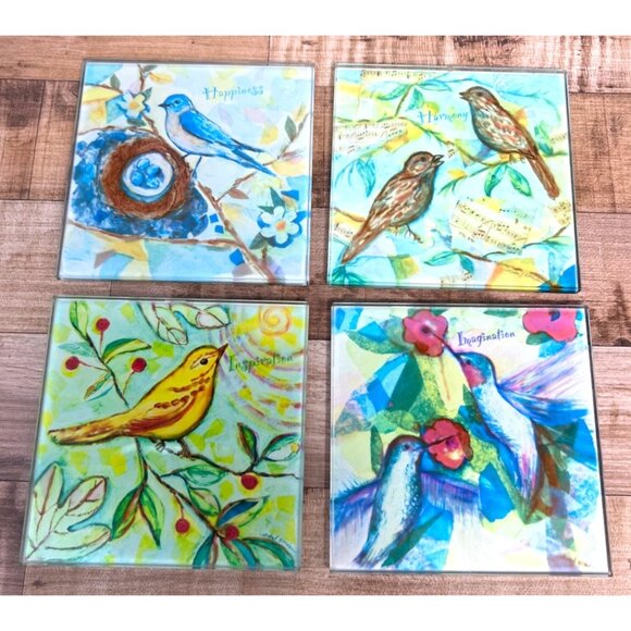 4 Watercolors Flowers Tempered Wine Drink Glass Coaster Set Linda Altshuler - Picture 1 of 7